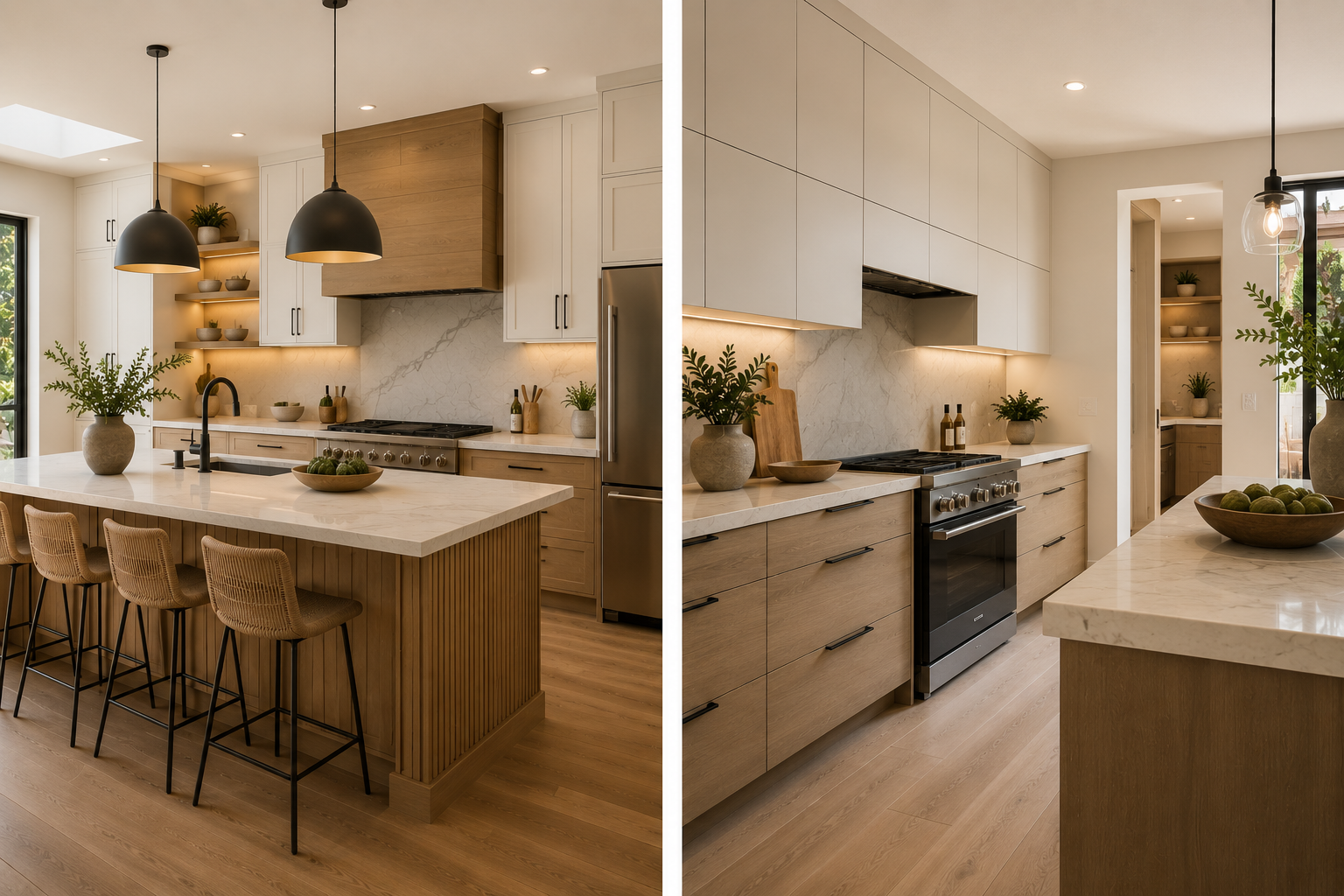 Modern California-style kitchen with warm wood cabinets, quartz countertops, and a bright open-concept layout.